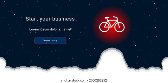 Business startup concept Landing page screen. The bicycle symbol on the right is highlighted in bright red. Vector illustration on dark blue background with stars and curly clouds from below