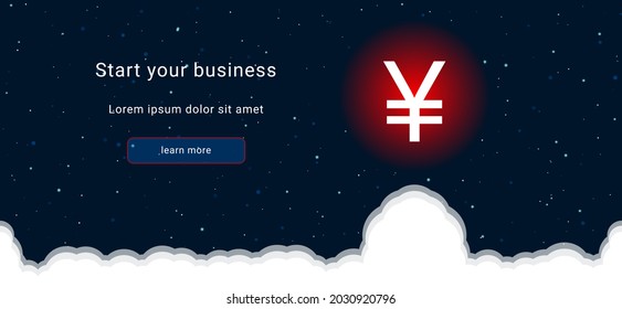 Business startup concept Landing page screen. The yuan symbol on the right is highlighted in bright red. Vector illustration on dark blue background with stars and curly clouds from below