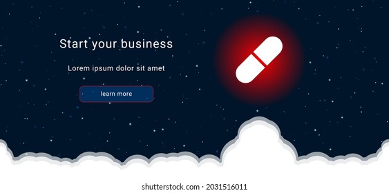 Business startup concept Landing page screen. The medical capsule symbol on the right is highlighted in bright red. Vector illustration on dark blue background with stars and curly clouds from below