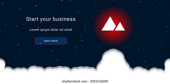 Business startup concept Landing page screen. The mountains symbol on the right is highlighted in bright red. Vector illustration on dark blue background with stars and curly clouds from below