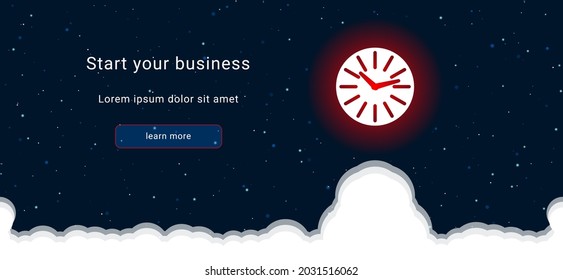 Business startup concept Landing page screen. The clock symbol on the right is highlighted in bright red. Vector illustration on dark blue background with stars and curly clouds from below