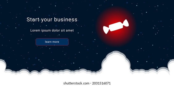 Business startup concept Landing page screen. The candy symbol on the right is highlighted in bright red. Vector illustration on dark blue background with stars and curly clouds from below