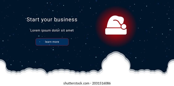 Business startup concept Landing page screen. The santa claus hat symbol on the right is highlighted in bright red. Vector illustration on dark blue background with stars and curly clouds from below