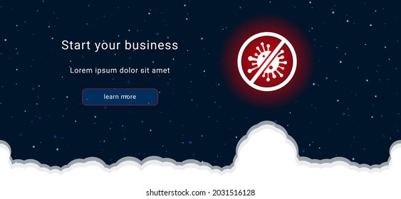 Business startup concept Landing page screen. The stop coronavirus symbol on the right is highlighted in bright red. Vector illustration on dark blue background with stars and curly clouds from below