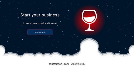 Business startup concept Landing page screen. The wineglass symbol on the right is highlighted in bright red. Vector illustration on dark blue background with stars and curly clouds from below