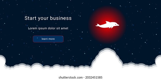 Business startup concept Landing page screen. The dolphin symbol on the right is highlighted in bright red. Vector illustration on dark blue background with stars and curly clouds from below