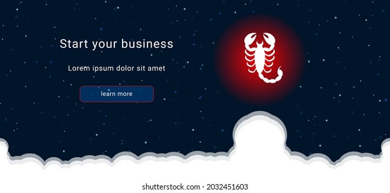 Business startup concept Landing page screen. The scorpio symbol on the right is highlighted in bright red. Vector illustration on dark blue background with stars and curly clouds from below