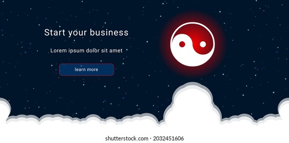 Business startup concept Landing page screen. The yin yang symbol on the right is highlighted in bright red. Vector illustration on dark blue background with stars and curly clouds from below