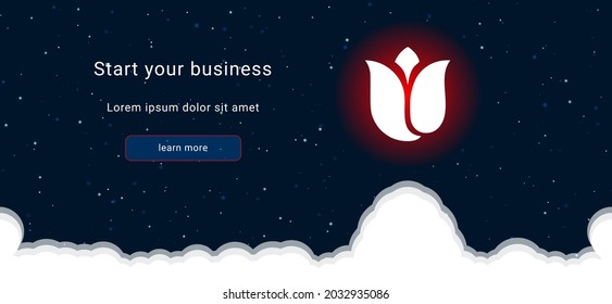 Business startup concept Landing page screen. The tulip on the right is highlighted in bright red. Vector illustration on dark blue background with stars and curly clouds from below