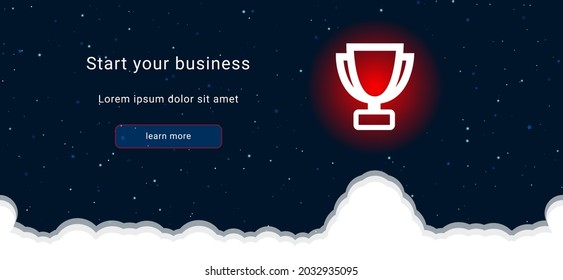 Business startup concept Landing page screen. The trophy symbol on the right is highlighted in bright red. Vector illustration on dark blue background with stars and curly clouds from below