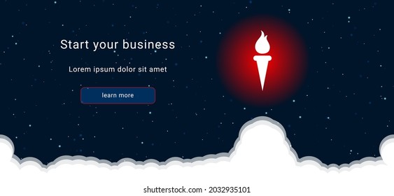 Business startup concept Landing page screen. The torch symbol on the right is highlighted in bright red. Vector illustration on dark blue background with stars and curly clouds from below