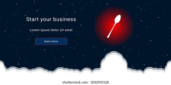 Business startup concept Landing page screen. The spoon on the right is highlighted in bright red. Vector illustration on dark blue background with stars and curly clouds from below