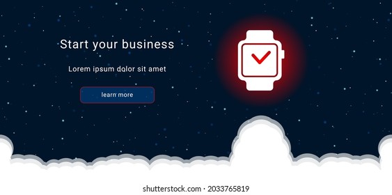 Business startup concept Landing page screen. The smart watch symbol on the right is highlighted in bright red. Vector illustration on dark blue background with stars and curly clouds from below
