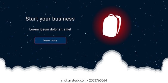 Business startup concept Landing page screen. The school bag symbol on the right is highlighted in bright red. Vector illustration on dark blue background with stars and curly clouds from below