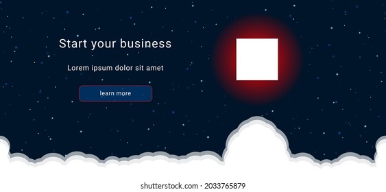 Business startup concept Landing page screen. The rectangle on the right is highlighted in bright red. Vector illustration on dark blue background with stars and curly clouds from below