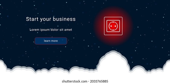 Business startup concept Landing page screen. The power socket symbol on the right is highlighted in bright red. Vector illustration on dark blue background with stars and curly clouds from below