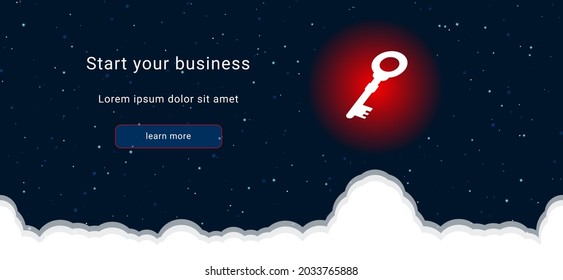 Business startup concept Landing page screen. The old key symbol on the right is highlighted in bright red. Vector illustration on dark blue background with stars and curly clouds from below