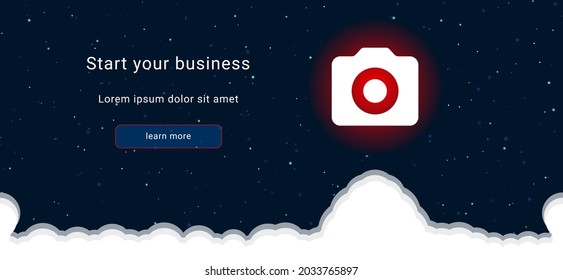 Business startup concept Landing page screen. The photo camera symbol on the right is highlighted in bright red. Vector illustration on dark blue background with stars and curly clouds from below