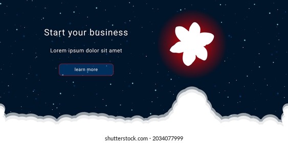 Business startup concept Landing page screen. The narcissus flower on the right is highlighted in bright red. Vector illustration on dark blue background with stars and curly clouds from below
