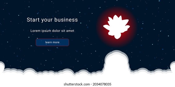 Business startup concept Landing page screen. The lotus flower on the right is highlighted in bright red. Vector illustration on dark blue background with stars and curly clouds from below