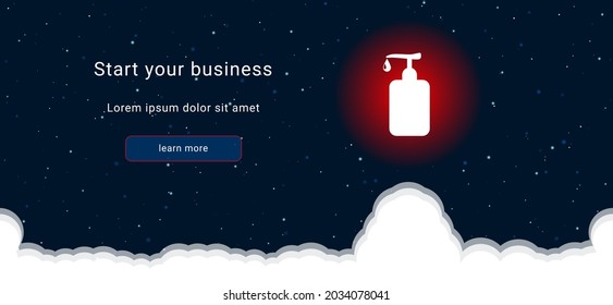Business startup concept Landing page screen. The liquid soap symbol on the right is highlighted in bright red. Vector illustration on dark blue background with stars and curly clouds from below
