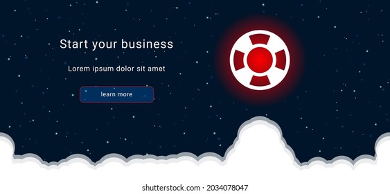 Business startup concept Landing page screen. The lifebuoy symbol on the right is highlighted in bright red. Vector illustration on dark blue background with stars and curly clouds from below