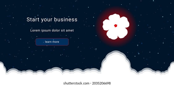 Business startup concept Landing page screen. The geranium on the right is highlighted in bright red. Vector illustration on dark blue background with stars and curly clouds from below