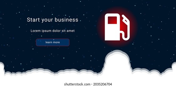 Business startup concept Landing page screen. The gas station symbol on the right is highlighted in bright red. Vector illustration on dark blue background with stars and curly clouds from below