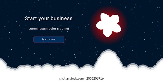 Business startup concept Landing page screen. The forget-me-not flower on the right is highlighted in bright red. Vector illustration on dark blue background with stars and curly clouds from below