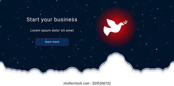Business startup concept Landing page screen. The dove of peace symbol on the right is highlighted in bright red. Vector illustration on dark blue background with stars and curly clouds from below