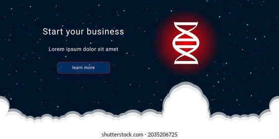 Business startup concept Landing page screen. The dna symbol on the right is highlighted in bright red. Vector illustration on dark blue background with stars and curly clouds from below