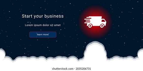 Business startup concept Landing page screen. The delivery symbol on the right is highlighted in bright red. Vector illustration on dark blue background with stars and curly clouds from below