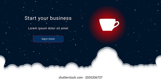 Business startup concept Landing page screen. The coffee cup symbol on the right is highlighted in bright red. Vector illustration on dark blue background with stars and curly clouds from below
