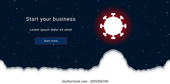 Business startup concept Landing page screen. The coronavirus symbol on the right is highlighted in bright red. Vector illustration on dark blue background with stars and curly clouds from below