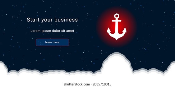 Business startup concept Landing page screen. The sea anchor symbol on the right is highlighted in bright red. Vector illustration on dark blue background with stars and curly clouds from below