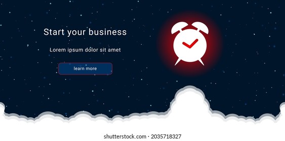 Business startup concept Landing page screen. The alarm clock symbol on the right is highlighted in bright red. Vector illustration on dark blue background with stars and curly clouds from below