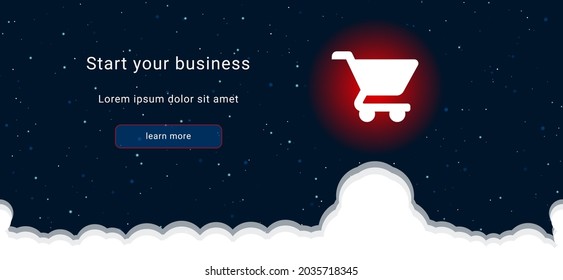 Business startup concept Landing page screen. The shopping cart symbol on the right is highlighted in bright red. Vector illustration on dark blue background with stars and curly clouds from below