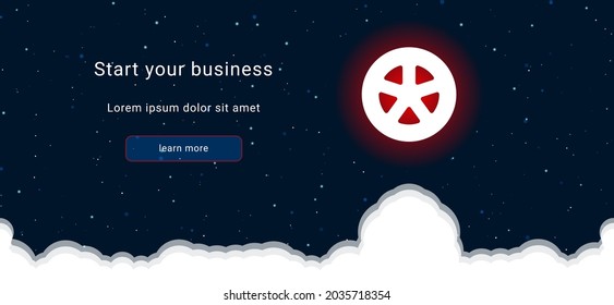 Business startup concept Landing page screen. The car wheel symbol on the right is highlighted in bright red. Vector illustration on dark blue background with stars and curly clouds from below