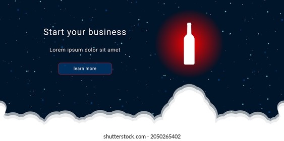 Business startup concept Landing page screen. The beer bottle symbol on the right is highlighted in bright red. Vector illustration on dark blue background with stars and curly clouds from below