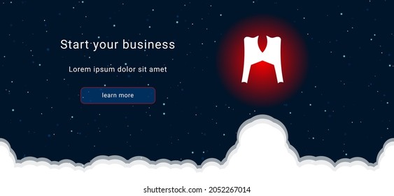 Business startup concept Landing page screen. The women's jacket symbol on the right is highlighted in bright red. Vector illustration on dark blue background with stars and curly clouds from below