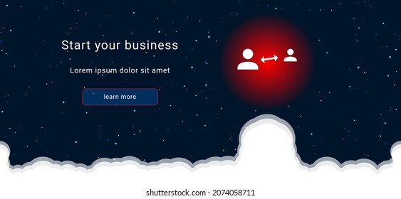 Business startup concept Landing page screen. The social distance symbol on the right is highlighted in bright red. Vector illustration on dark blue background with stars and curly clouds from below