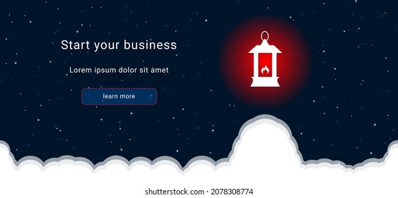 Business startup concept Landing page screen. The Christmas lantern on the right is highlighted in bright red. Vector illustration on dark blue background with stars and curly clouds from below