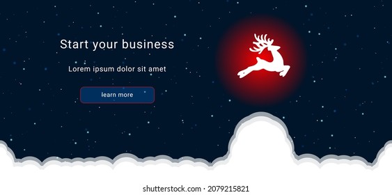 Business startup concept Landing page screen. The Christmas deer on the right is highlighted in bright red. Vector illustration on dark blue background with stars and curly clouds from below