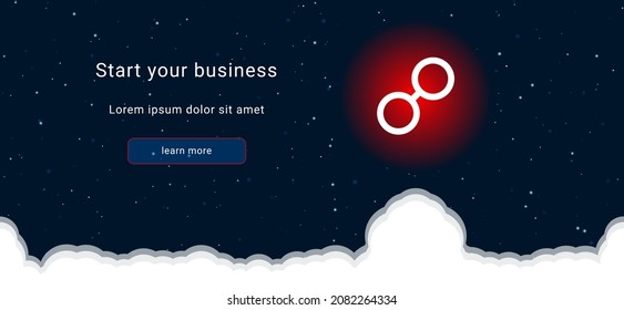 Business startup concept Landing page screen. The white astrological opposition symbol on the right. Vector illustration on dark blue background with stars and curly clouds from below