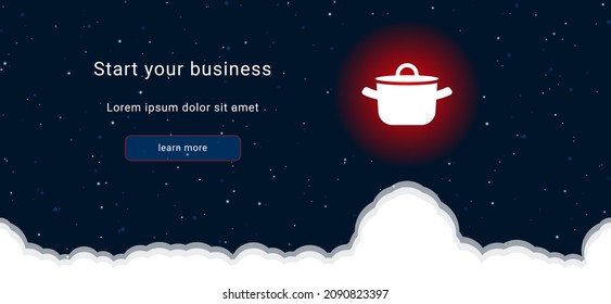 Business startup concept Landing page screen. The pot symbol on the right is highlighted in bright red. Vector illustration on dark blue background with stars and curly clouds from below