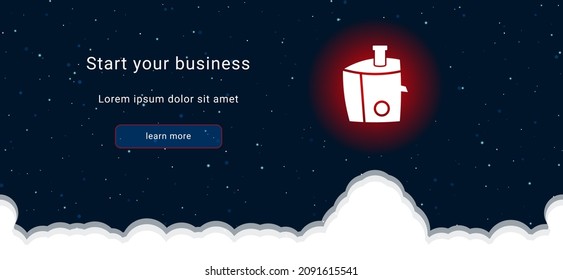 Business startup concept Landing page screen. The juicer symbol on the right is highlighted in bright red. Vector illustration on dark blue background with stars and curly clouds from below