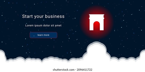 Business startup concept Landing page screen. The arch symbol on the right is highlighted in bright red. Vector illustration on dark blue background with stars and curly clouds from below