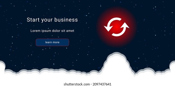 Business startup concept Landing page screen. The refresh symbol on the right is highlighted in bright red. Vector illustration on dark blue background with stars and curly clouds from below