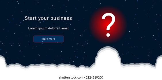 Business startup concept Landing page screen. The question symbol on the right is highlighted in bright red. Vector illustration on dark blue background with stars and curly clouds from below