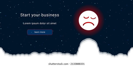 Business startup concept Landing page screen. The depression symbol on the right is highlighted in bright red. Vector illustration on dark blue background with stars and curly clouds from below
